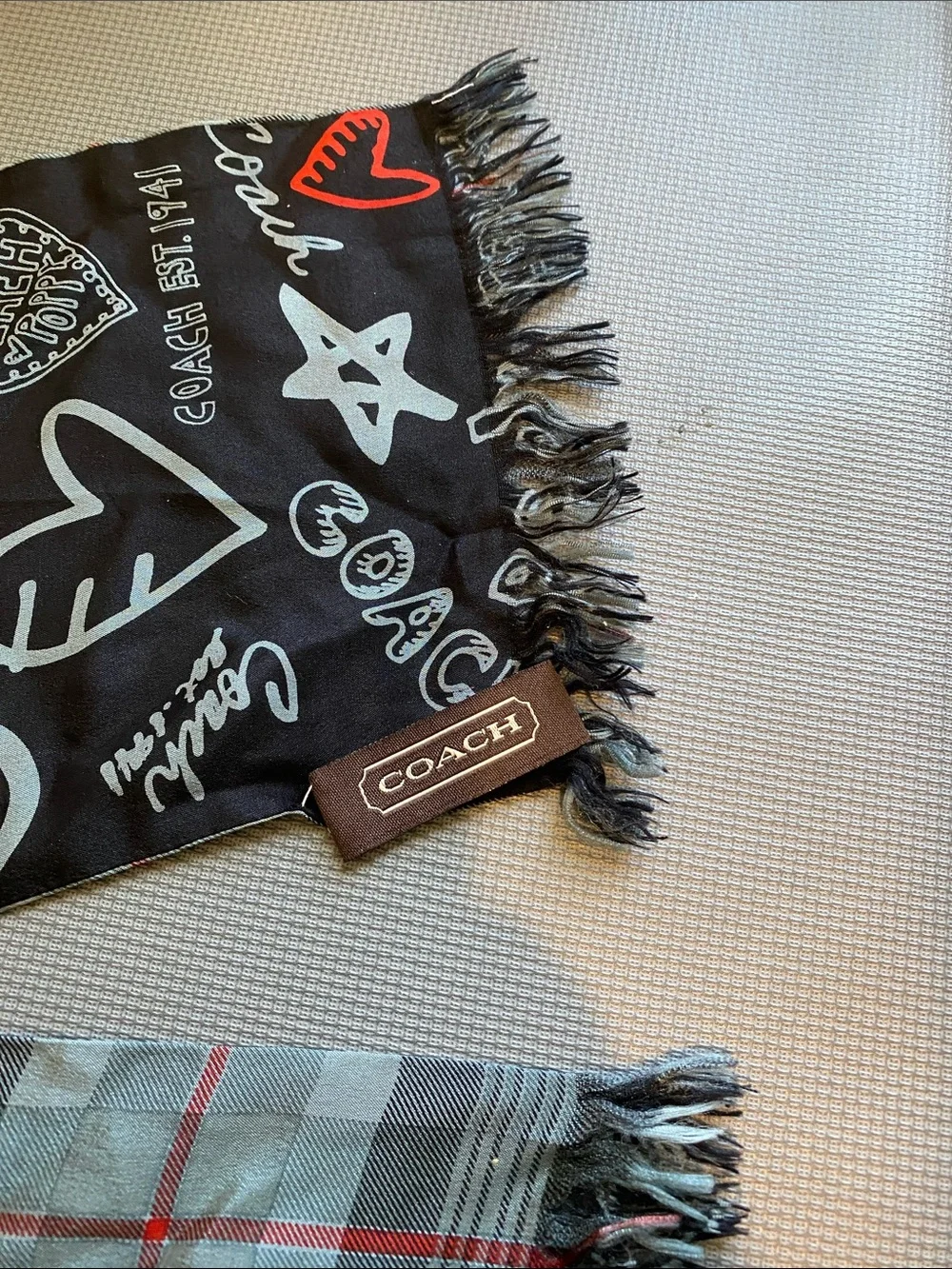 Coach Black Scarf with Red and White Poppy Graphics